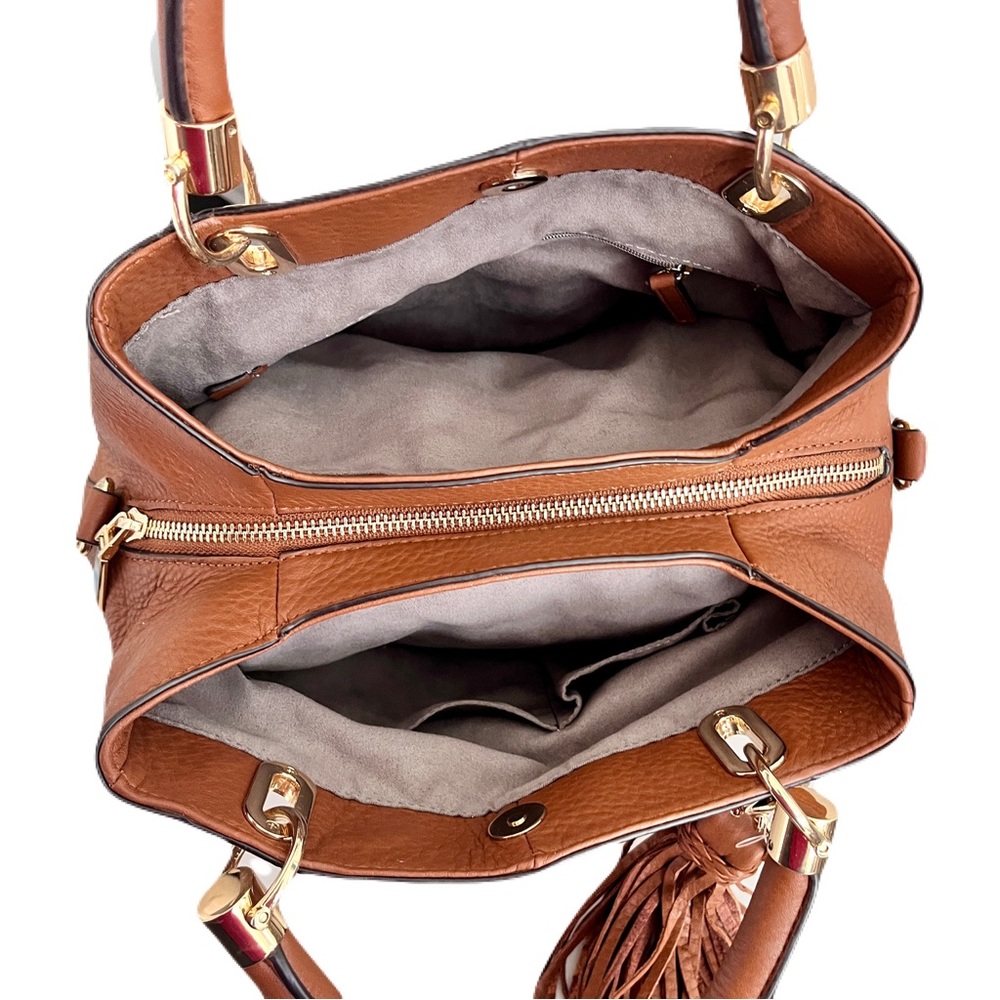 Vince Camuto Brown Leather ‘Elva’ Tassel Satchel in “Dark Rum” - Picture 6 of 10